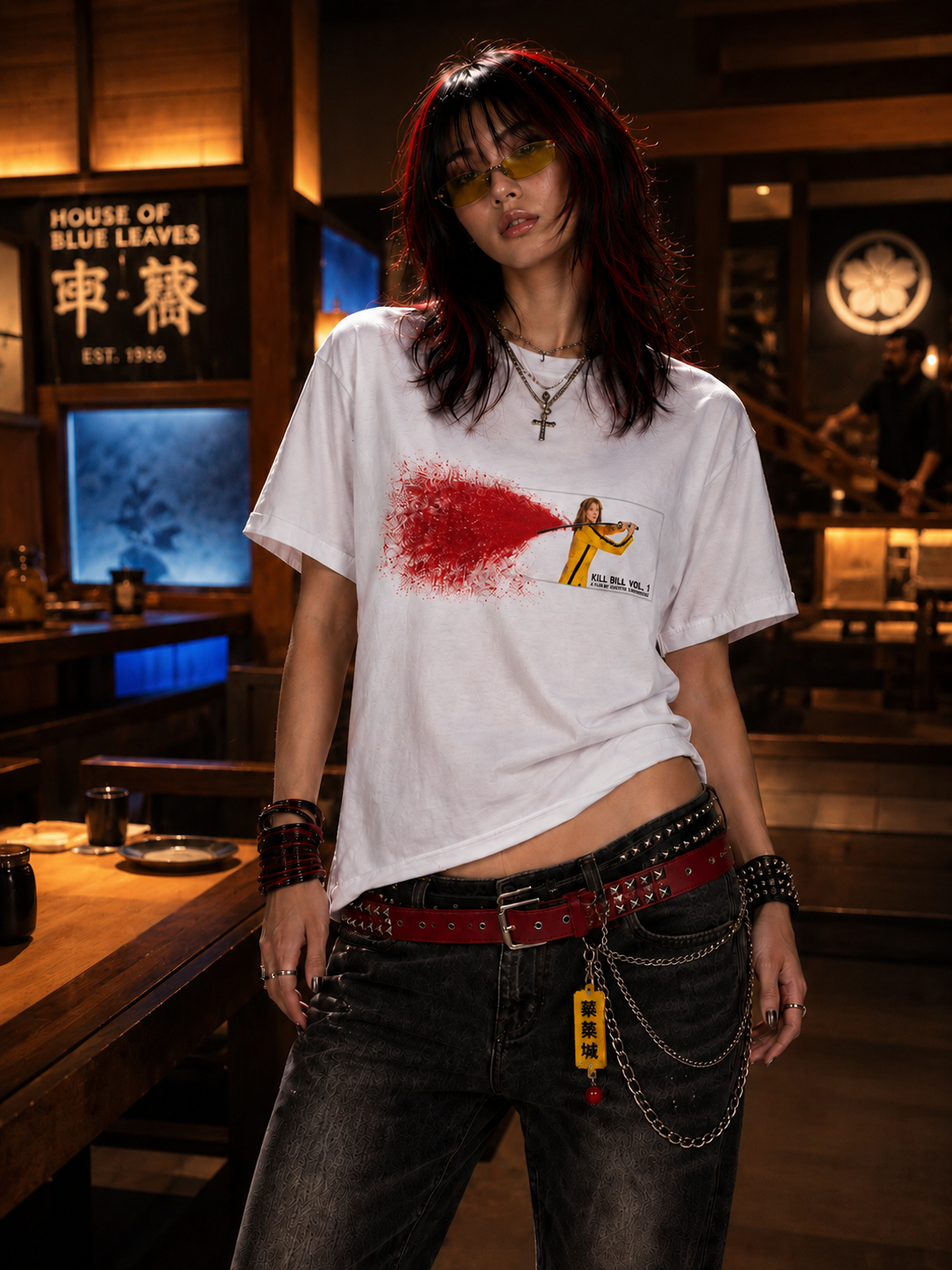 22RAW model wearing the Kill Bill tee beside a yellow truck